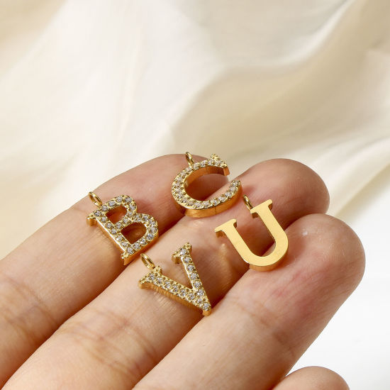 Immagine di 1 Pz Placcatura Sottovuoto Ecologica 304 Acciaio Inossidabile Ciondoli 18K Vero Oro Placcato Lettera Maiuscola Messaggio " A-Z " Micro Spianare Trasparente Cubic Zirconiae