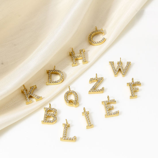 Immagine di 1 Pz Placcatura Sottovuoto Ecologica 304 Acciaio Inossidabile Ciondoli 18K Vero Oro Placcato Lettera Maiuscola Messaggio " A-Z " Micro Spianare Trasparente Cubic Zirconiae