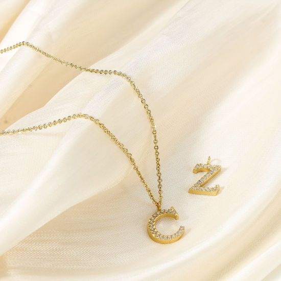 Immagine di 1 Pz Placcatura Sottovuoto Ecologica 304 Acciaio Inossidabile Ciondoli 18K Vero Oro Placcato Lettera Maiuscola Messaggio " A-Z " Micro Spianare Trasparente Cubic Zirconiae