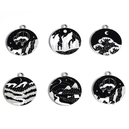Picture of Zinc Based Alloy Travel Charms Silver Tone Black & White Round Natural Scenery Enamel 26mm x 23mm