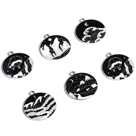 Picture of Zinc Based Alloy Travel Charms Silver Tone Black & White Round Natural Scenery Enamel 26mm x 23mm