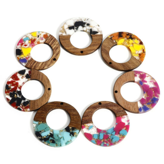 Image de 2 Pcs Pendentifs Résine à Effet de Bois Couleur Naturelle Annulaire à Strass Graviers 3.8cm Dia