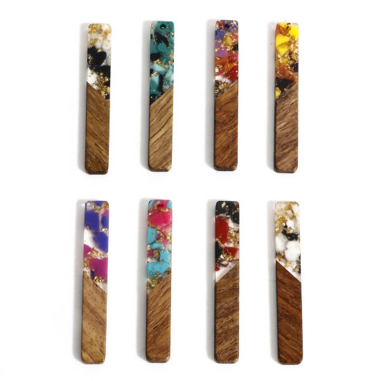 Picture of Wood Effect Resin Pendants Multicolor Rectangle Gravels Chips 5.2cm x 0.8cm