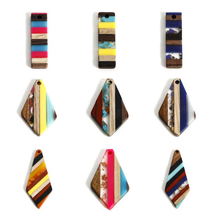 Natural Wood Effect Resin Charms Multicolor Geometric Stripe