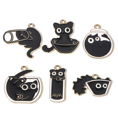 Picture of Zinc Based Alloy Charms Gold Plated Black & White Cat Animal Enamel