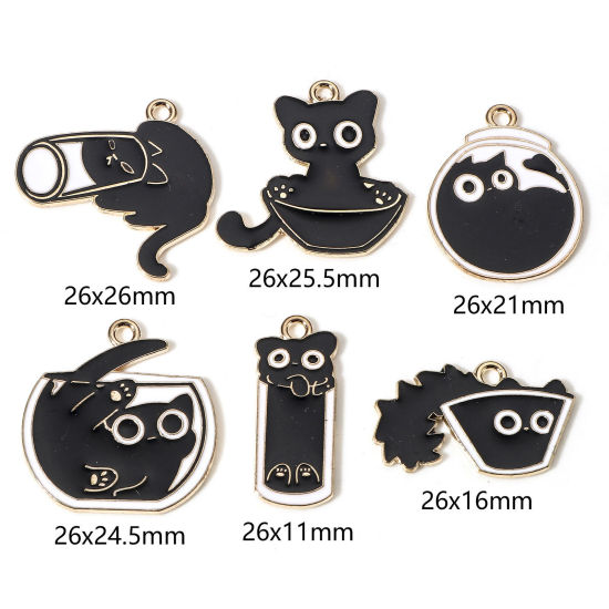 Immagine di 10 Pz Lega di Zinco Charms Oro Placcato Nero & Bianco Gatto Smalto