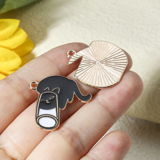 Immagine di 10 Pz Lega di Zinco Charms Oro Placcato Nero & Bianco Gatto Smalto