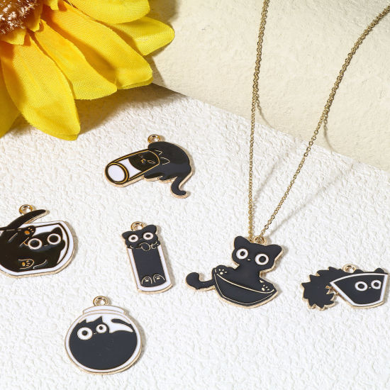Immagine di 10 Pz Lega di Zinco Charms Oro Placcato Nero & Bianco Gatto Smalto