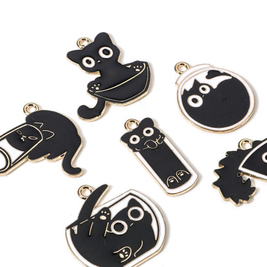 Immagine di 10 Pz Lega di Zinco Charms Oro Placcato Nero & Bianco Gatto Smalto