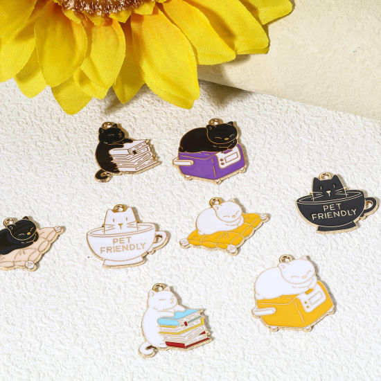 Picture of Zinc Based Alloy Charms Gold Plated Multicolor Cat Animal Enamel