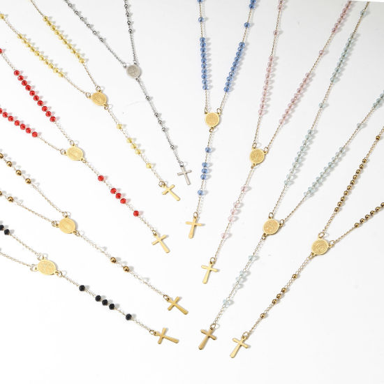 Imagen de 1 Unidad 304 Acero Inoxidable & Vidrio Religión Cadena de Eslabones Hechos a Mano Collar de Rosario de Cuentas de Oración Chapado en Oro Negro Cruz Virgen María 54cm longitud