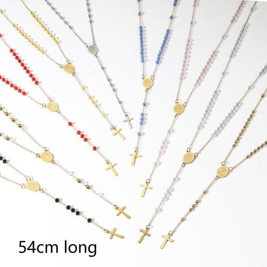Imagen de 1 Unidad 304 Acero Inoxidable & Vidrio Religión Cadena de Eslabones Hechos a Mano Collar de Rosario de Cuentas de Oración Chapado en Oro Negro Cruz Virgen María 54cm longitud