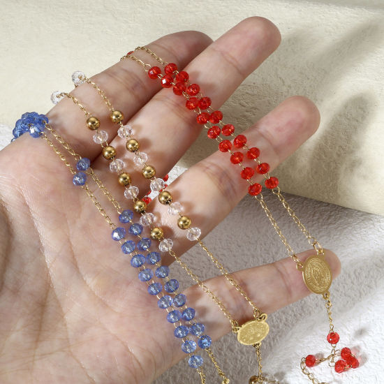 Imagen de 1 Unidad 304 Acero Inoxidable & Vidrio Religión Cadena de Eslabones Hechos a Mano Collar de Rosario de Cuentas de Oración Chapado en Oro Negro Cruz Virgen María 54cm longitud