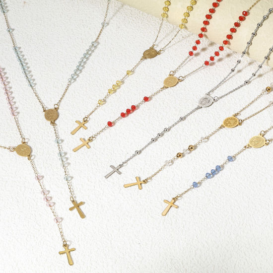 Imagen de 1 Unidad 304 Acero Inoxidable & Vidrio Religión Cadena de Eslabones Hechos a Mano Collar de Rosario de Cuentas de Oración Chapado en Oro Negro Cruz Virgen María 54cm longitud