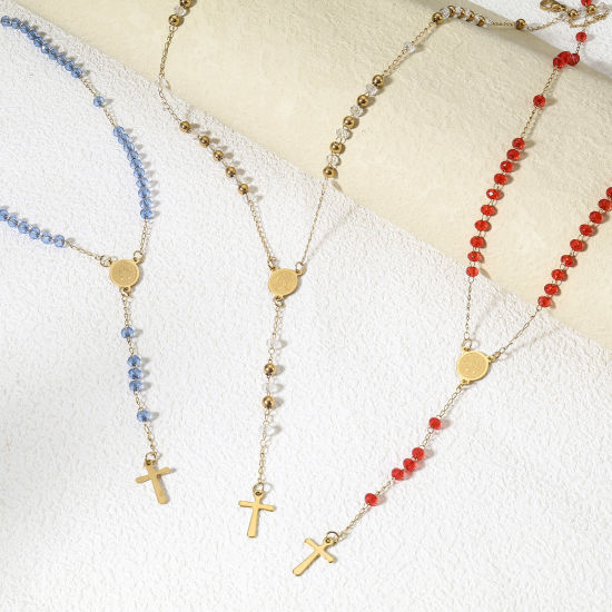Imagen de 1 Unidad 304 Acero Inoxidable & Vidrio Religión Cadena de Eslabones Hechos a Mano Collar de Rosario de Cuentas de Oración Chapado en Oro Negro Cruz Virgen María 54cm longitud