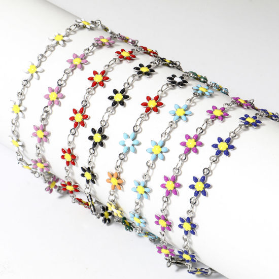 Immagine di 1 Pz 304 Acciaio Inossidabile Braccialetti Tono Argento Fiore Margherita Smalto a Doppia Faccia 18.5cm Lunghezza