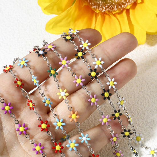 Immagine di 1 Pz 304 Acciaio Inossidabile Braccialetti Tono Argento Fiore Margherita Smalto a Doppia Faccia 18.5cm Lunghezza