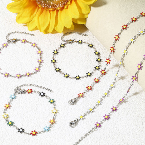 Immagine di 1 Pz 304 Acciaio Inossidabile Braccialetti Tono Argento Fiore Margherita Smalto a Doppia Faccia 18.5cm Lunghezza