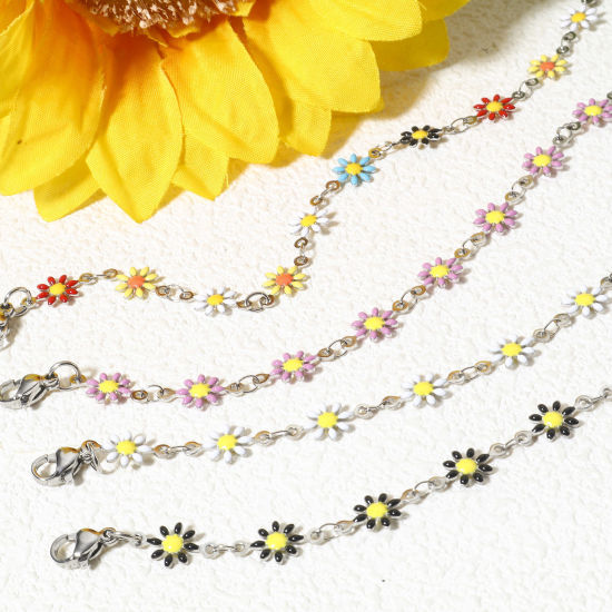 Immagine di 1 Pz 304 Acciaio Inossidabile Braccialetti Tono Argento Fiore Margherita Smalto a Doppia Faccia 18.5cm Lunghezza