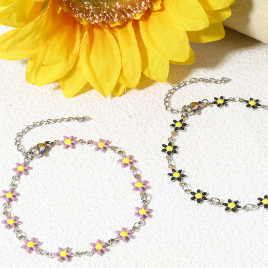 Immagine di 1 Pz 304 Acciaio Inossidabile Braccialetti Tono Argento Fiore Margherita Smalto a Doppia Faccia 18.5cm Lunghezza