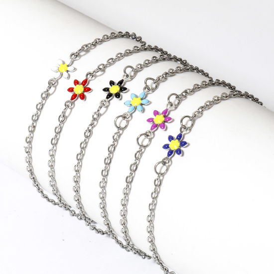 Picture of 304 Stainless Steel Link Cable Chain Bracelets Silver Tone Daisy Flower Double-sided Enamel 19cm(7 4/8") long