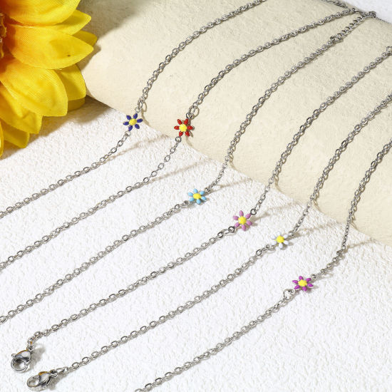 Picture of 304 Stainless Steel Link Cable Chain Bracelets Silver Tone Daisy Flower Double-sided Enamel 19cm(7 4/8") long