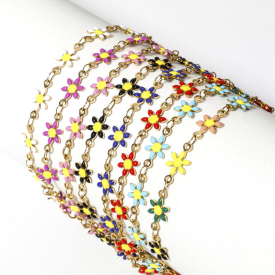 Imagen de 1 Unidad 304 Acero Inoxidable Pulseras Chapado en Oro Flor de la margarita Esmalte de Doble Cara 18.5cm longitud