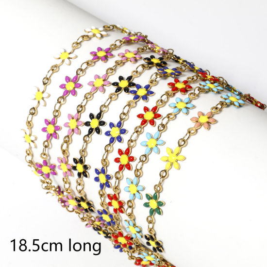 Imagen de 1 Unidad 304 Acero Inoxidable Pulseras Chapado en Oro Flor de la margarita Esmalte de Doble Cara 18.5cm longitud