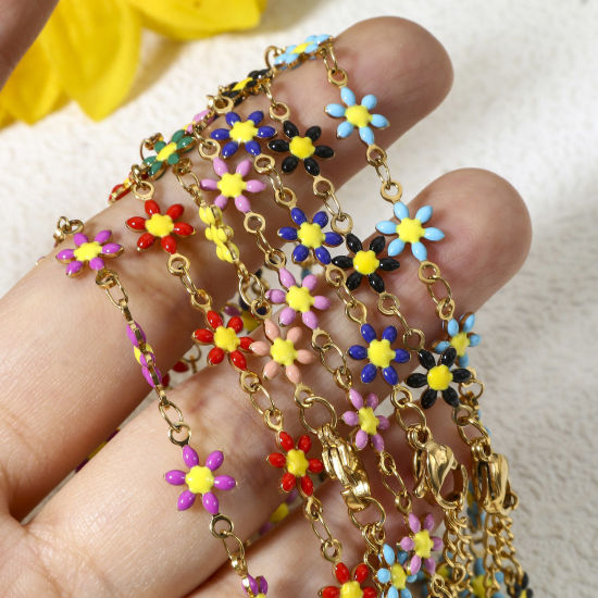 Imagen de 1 Unidad 304 Acero Inoxidable Pulseras Chapado en Oro Flor de la margarita Esmalte de Doble Cara 18.5cm longitud
