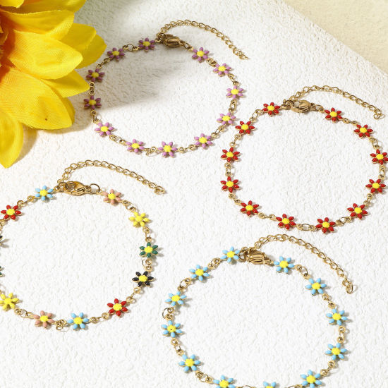 Imagen de 1 Unidad 304 Acero Inoxidable Pulseras Chapado en Oro Flor de la margarita Esmalte de Doble Cara 18.5cm longitud