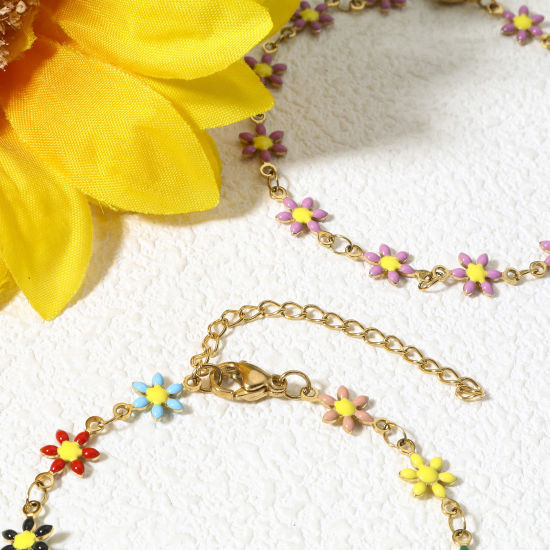 Imagen de 1 Unidad 304 Acero Inoxidable Pulseras Chapado en Oro Flor de la margarita Esmalte de Doble Cara 18.5cm longitud