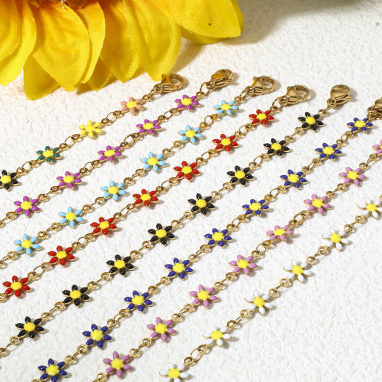 Imagen de 1 Unidad 304 Acero Inoxidable Pulseras Chapado en Oro Flor de la margarita Esmalte de Doble Cara 18.5cm longitud