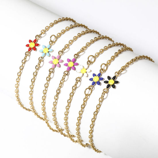 Immagine di 1 Pz 304 Acciaio Inossidabile Cavo Catena Braccialetti Oro Placcato Fiore Margherita Smalto a Doppia Faccia 19cm Lunghezza