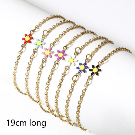 Immagine di 1 Pz 304 Acciaio Inossidabile Cavo Catena Braccialetti Oro Placcato Fiore Margherita Smalto a Doppia Faccia 19cm Lunghezza