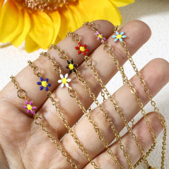 Immagine di 1 Pz 304 Acciaio Inossidabile Cavo Catena Braccialetti Oro Placcato Fiore Margherita Smalto a Doppia Faccia 19cm Lunghezza