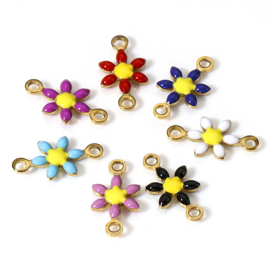 Immagine di 10 Pz Placcatura Sottovuoto 304 Acciaio Inossidabile Pendenti Charms Connettori Fiore Oro Placcato Multicolore Smalto a Doppia Faccia 12.5mm x 6.5mm