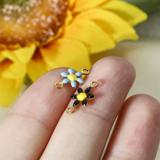 Immagine di 10 Pz Placcatura Sottovuoto 304 Acciaio Inossidabile Pendenti Charms Connettori Fiore Oro Placcato Multicolore Smalto a Doppia Faccia 12.5mm x 6.5mm