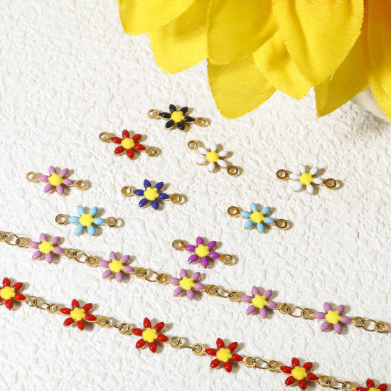 Immagine di 10 Pz Placcatura Sottovuoto 304 Acciaio Inossidabile Pendenti Charms Connettori Fiore Oro Placcato Multicolore Smalto a Doppia Faccia 12.5mm x 6.5mm