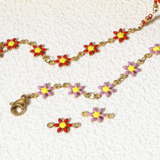 Immagine di 10 Pz Placcatura Sottovuoto 304 Acciaio Inossidabile Pendenti Charms Connettori Fiore Oro Placcato Multicolore Smalto a Doppia Faccia 12.5mm x 6.5mm