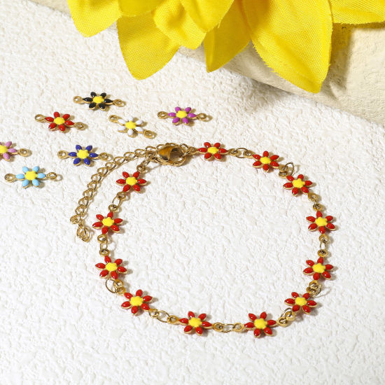 Immagine di 10 Pz Placcatura Sottovuoto 304 Acciaio Inossidabile Pendenti Charms Connettori Fiore Oro Placcato Multicolore Smalto a Doppia Faccia 12.5mm x 6.5mm