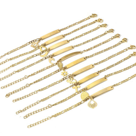 304 Stainless Steel Blank Stamping Tags Bracelets Gold Plated For Kids Children 13.5cm(5 3/8") long