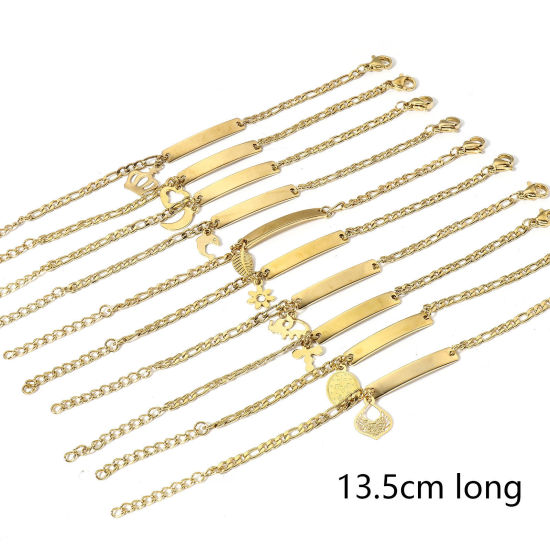 Picture of 304 Stainless Steel Blank Stamping Tags Bracelets Gold Plated For Kids Children 13.5cm(5 3/8") long