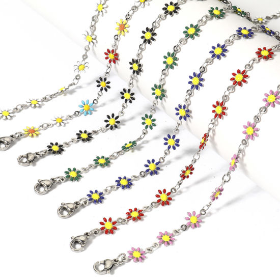 Immagine di 1 Pz 304 Acciaio Inossidabile Catena a Maglia Fatta a Mano Collana Tono Argento Fiore Margherita Smalto a Doppia Faccia 42cm Lunghezza