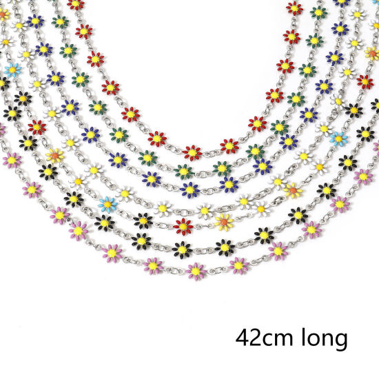 Immagine di 1 Pz 304 Acciaio Inossidabile Catena a Maglia Fatta a Mano Collana Tono Argento Fiore Margherita Smalto a Doppia Faccia 42cm Lunghezza