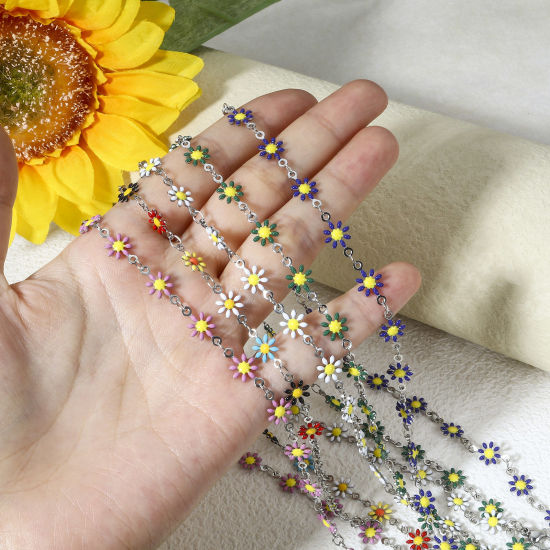 Immagine di 1 Pz 304 Acciaio Inossidabile Catena a Maglia Fatta a Mano Collana Tono Argento Fiore Margherita Smalto a Doppia Faccia 42cm Lunghezza