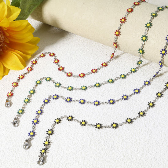 Immagine di 1 Pz 304 Acciaio Inossidabile Catena a Maglia Fatta a Mano Collana Tono Argento Fiore Margherita Smalto a Doppia Faccia 42cm Lunghezza