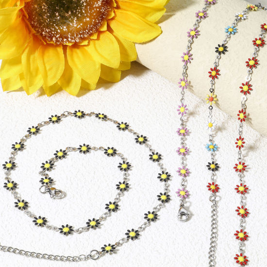 Immagine di 1 Pz 304 Acciaio Inossidabile Catena a Maglia Fatta a Mano Collana Tono Argento Fiore Margherita Smalto a Doppia Faccia 42cm Lunghezza