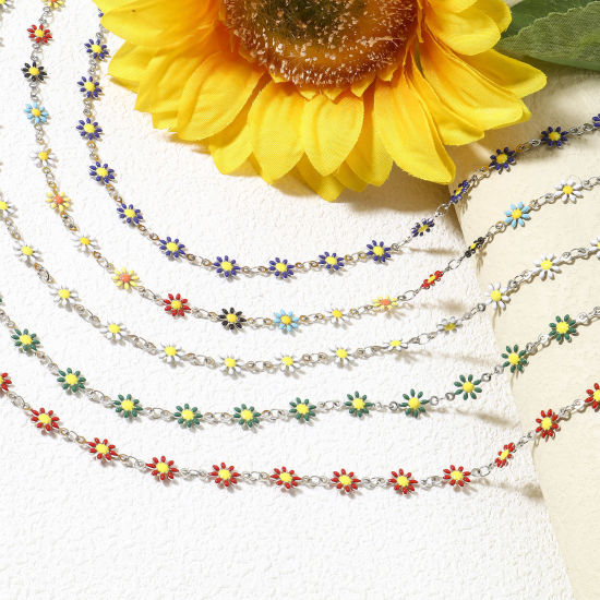 Immagine di 1 Pz 304 Acciaio Inossidabile Catena a Maglia Fatta a Mano Collana Tono Argento Fiore Margherita Smalto a Doppia Faccia 42cm Lunghezza
