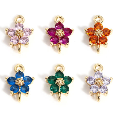 Brass Connectors Charms Pendants Flower 18K Real Gold Plated Multicolour Cubic Zirconia 12mm x 8mm
