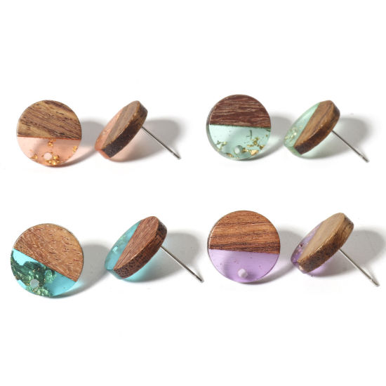 Imagen de 10 Unidades Resina de Efecto Madera Pendientes Ronda Multicolor Con Lazo 14mm Dia, Post/ Wire: (21 gauge)